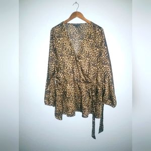 Lane Bryant 26 Mob Wife Crossover Side Tie Satin Long Sleeved Leopard Print Top